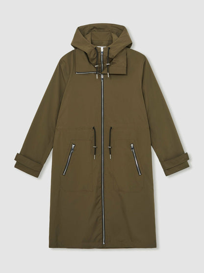 Reiss Removable-Hood Parka Rain Coat in Khaki