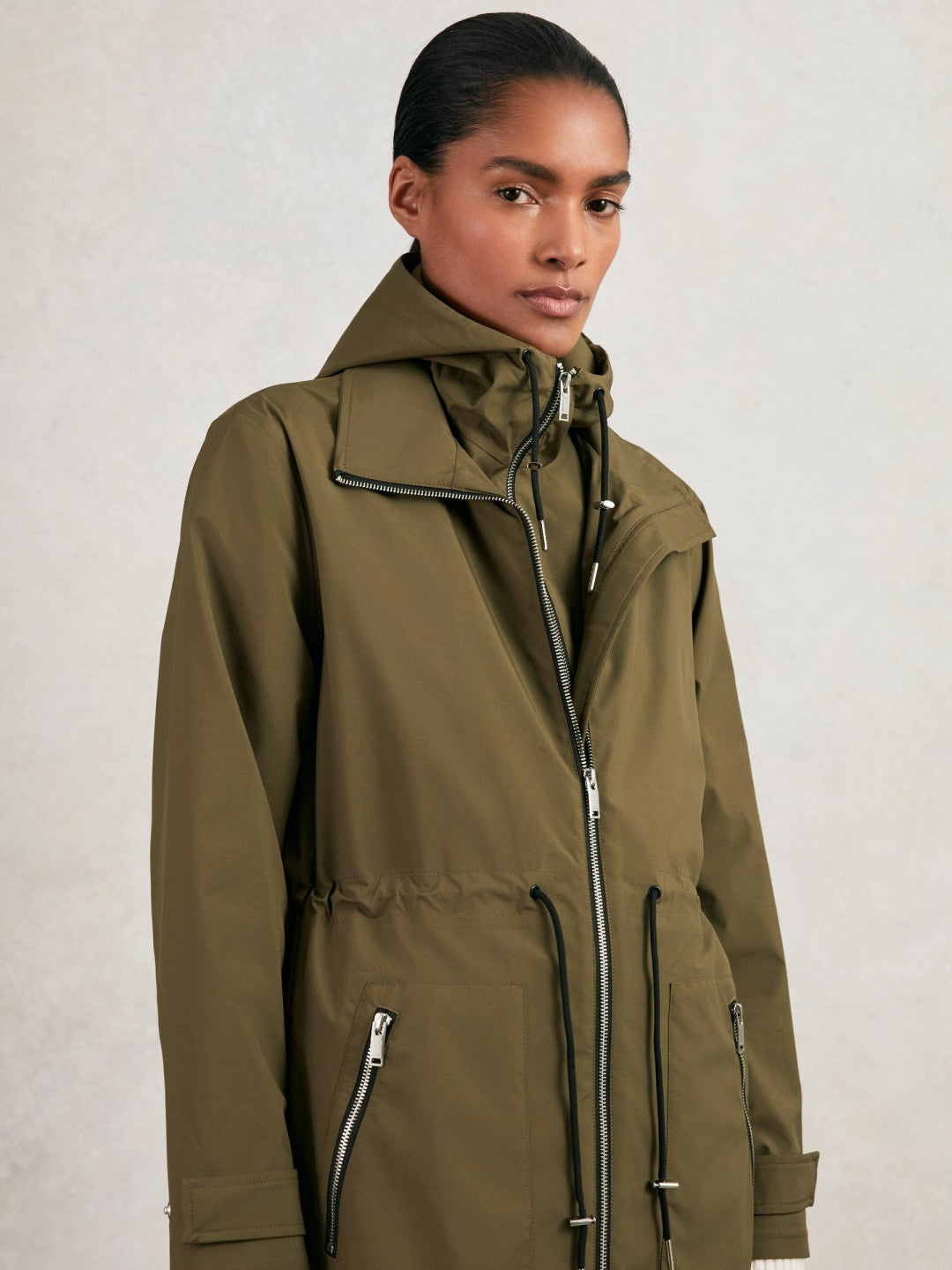 Reiss Removable-Hood Parka Rain Coat in Khaki
