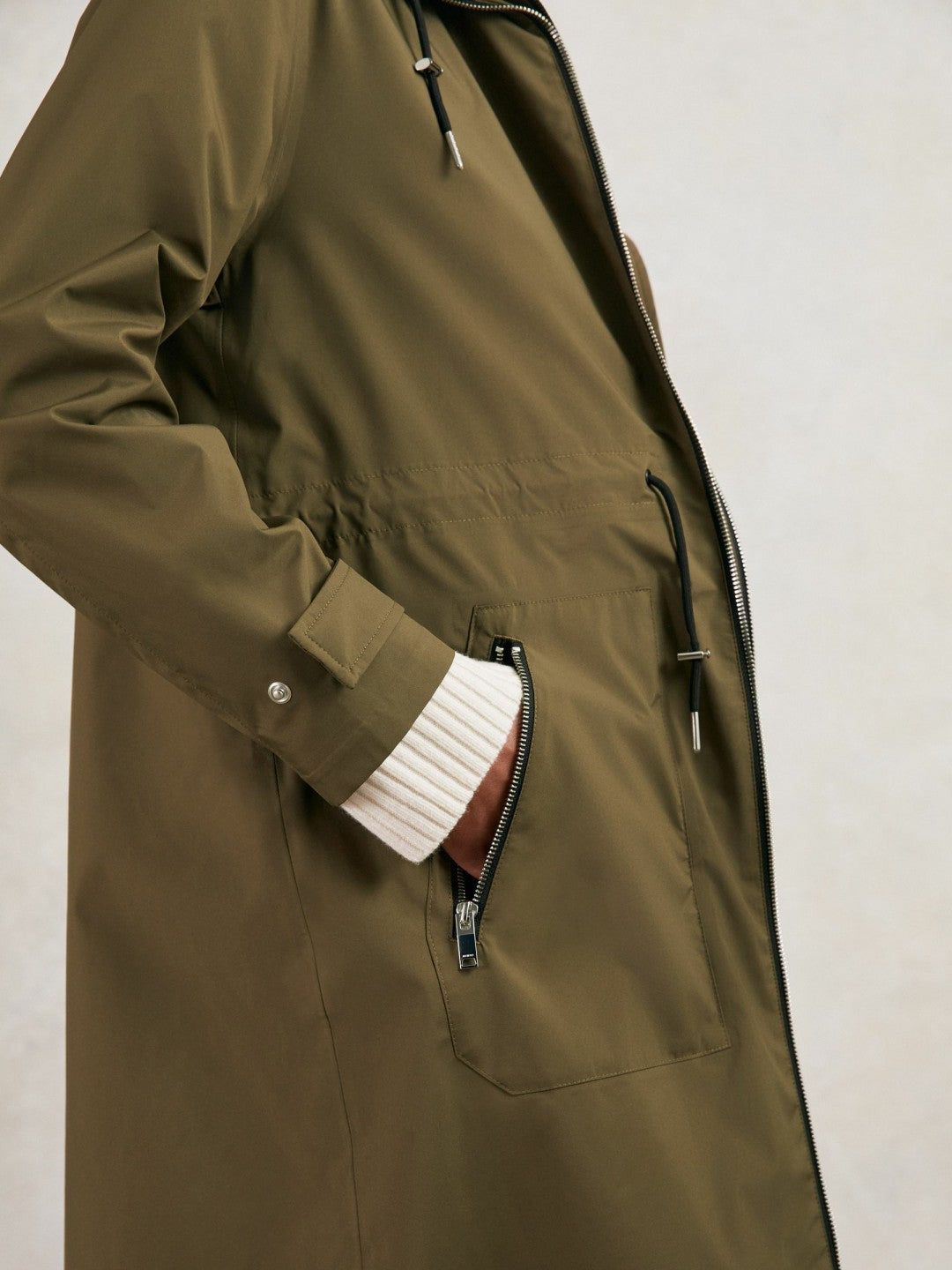 Reiss Removable-Hood Parka Rain Coat in Khaki