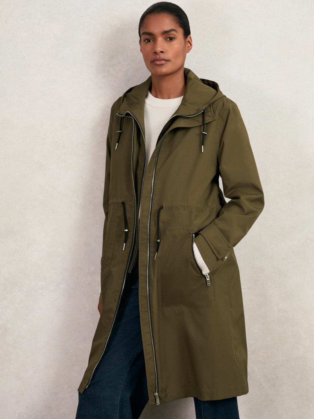 Reiss Removable-Hood Parka Rain Coat in Khaki