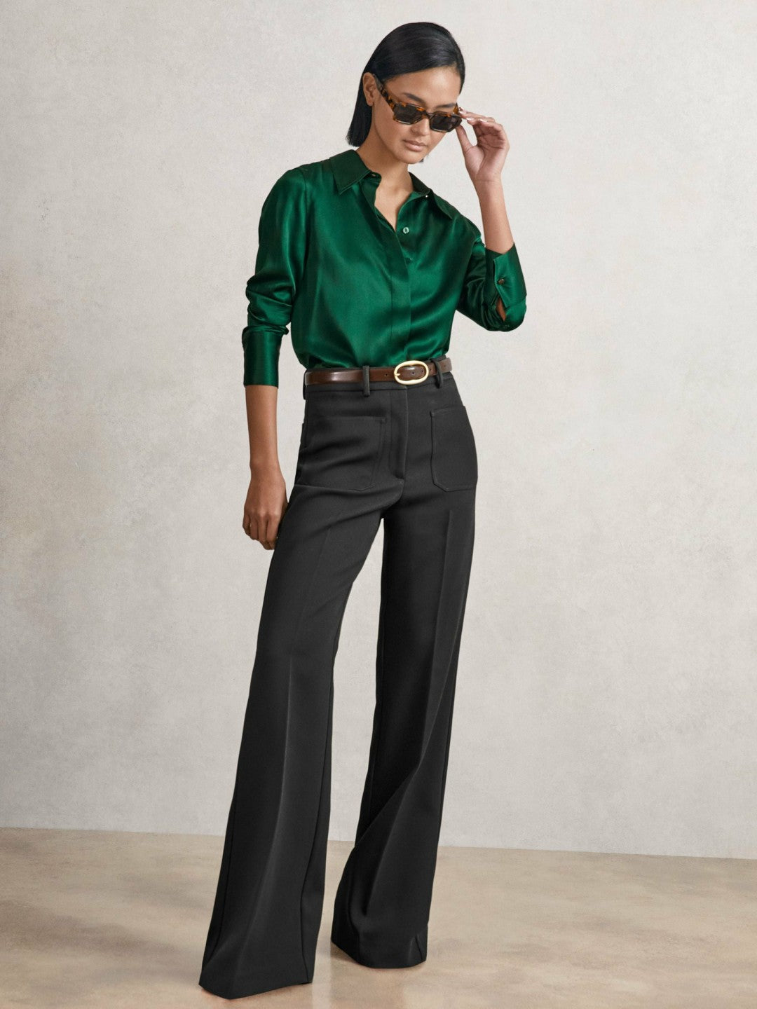 Reiss Silk-Satin Concealed-Placket Shirt in Green