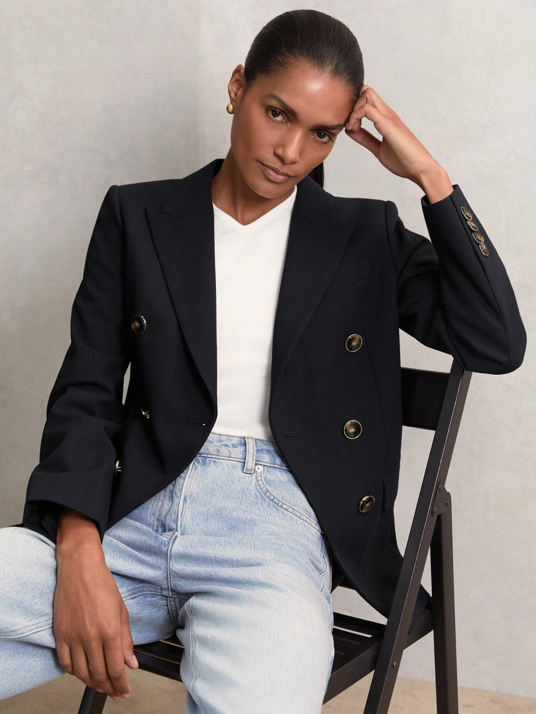Reiss Petite Wool-Blend Double-Breasted Blazer in Navy
