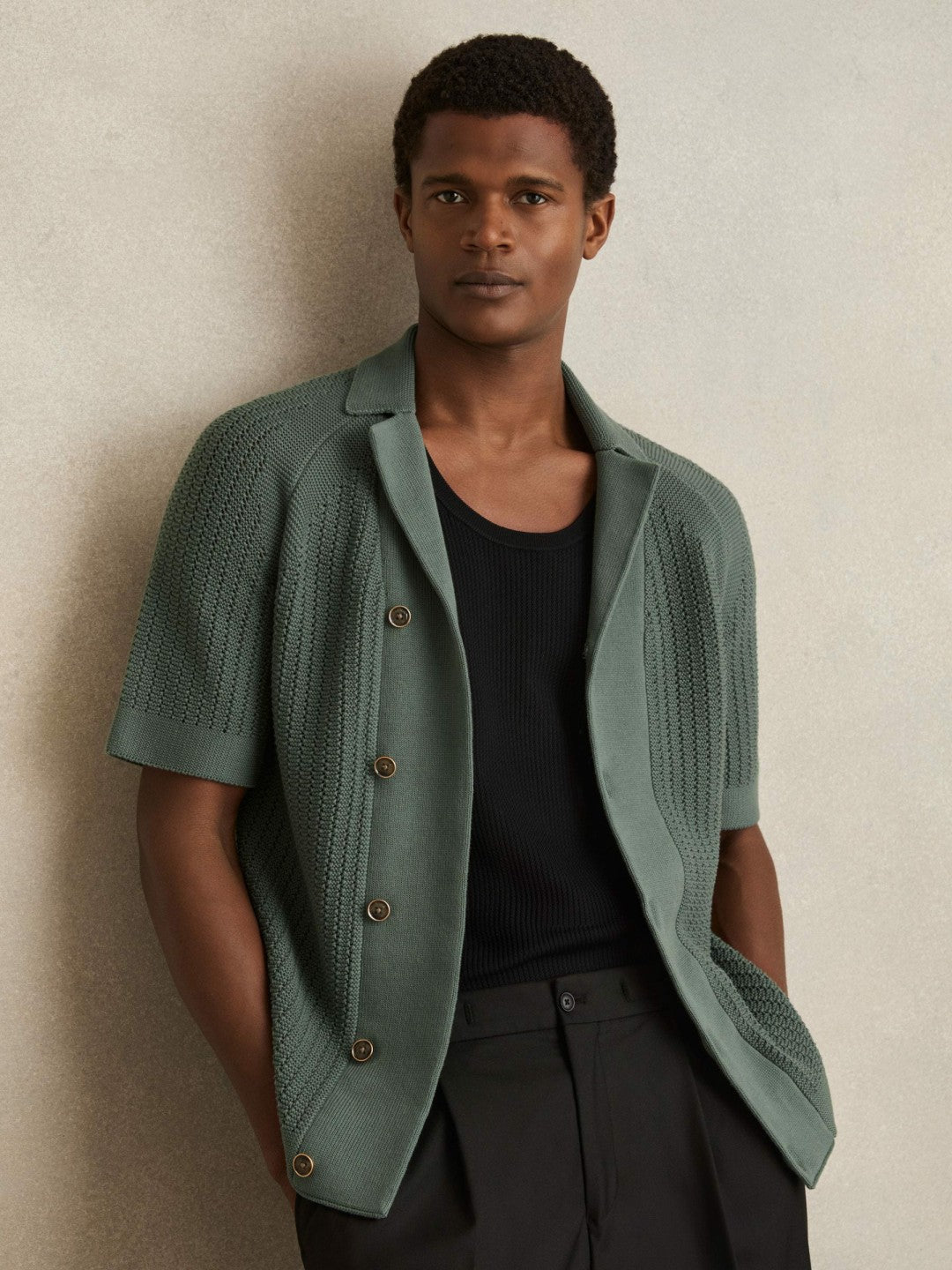 Reiss Cotton Textured-Knit Cuban-Collar Shirt in Pine Green