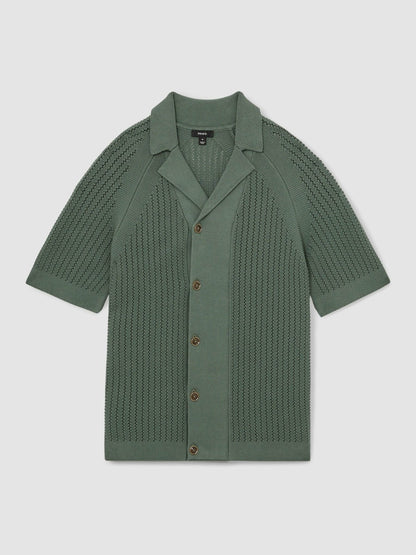 Reiss Cotton Textured-Knit Cuban-Collar Shirt in Pine Green