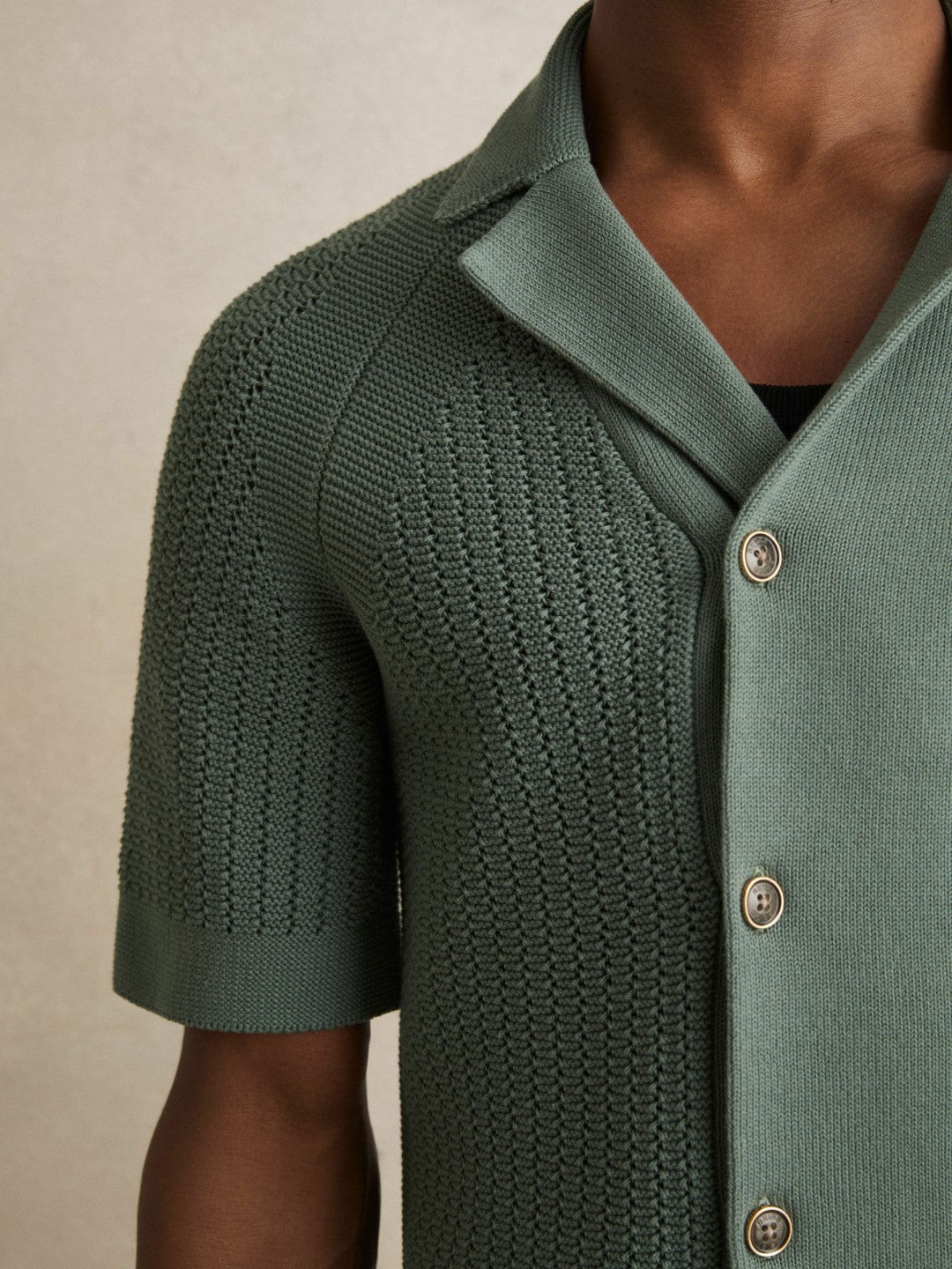 Reiss Cotton Textured-Knit Cuban-Collar Shirt in Pine Green