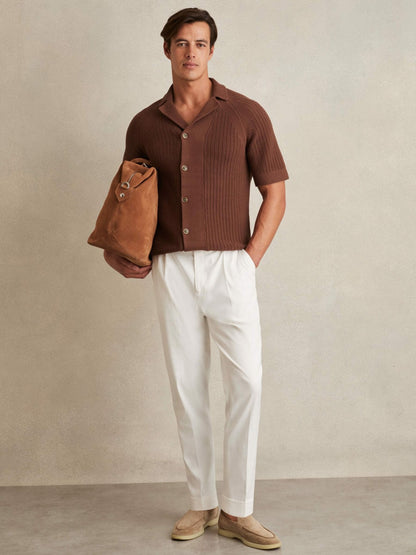 Reiss Cotton Textured-Knit Cuban-Collar Shirt in Tobacco Brown