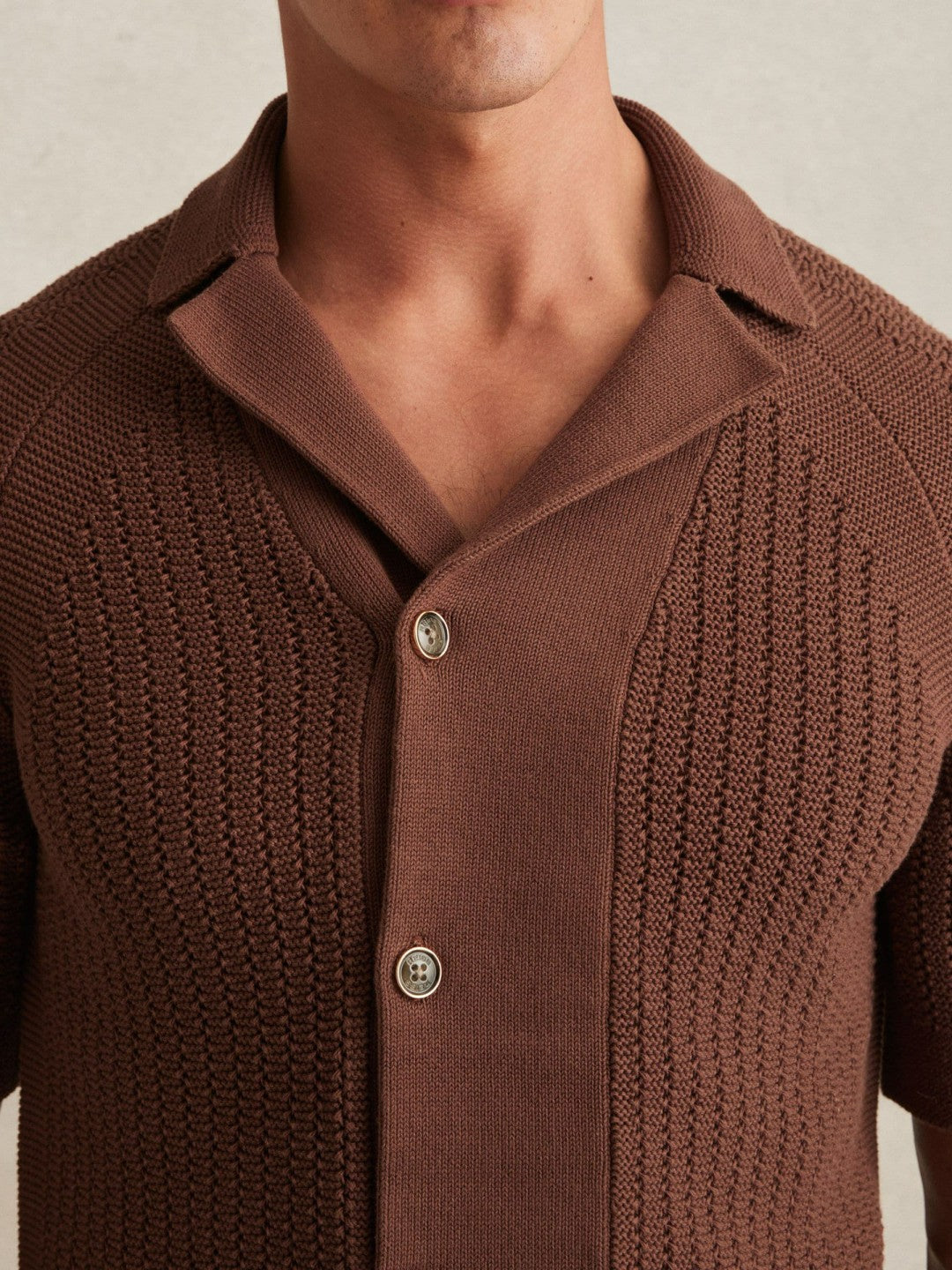 Reiss Cotton Textured-Knit Cuban-Collar Shirt in Tobacco Brown