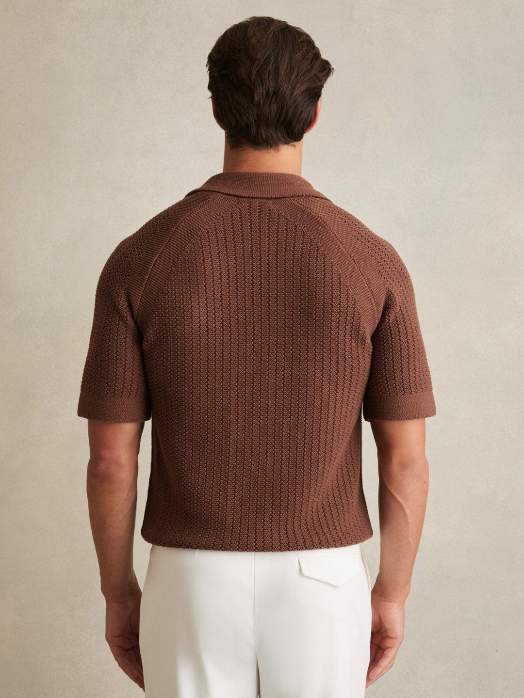 Reiss Cotton Textured-Knit Cuban-Collar Shirt in Tobacco Brown