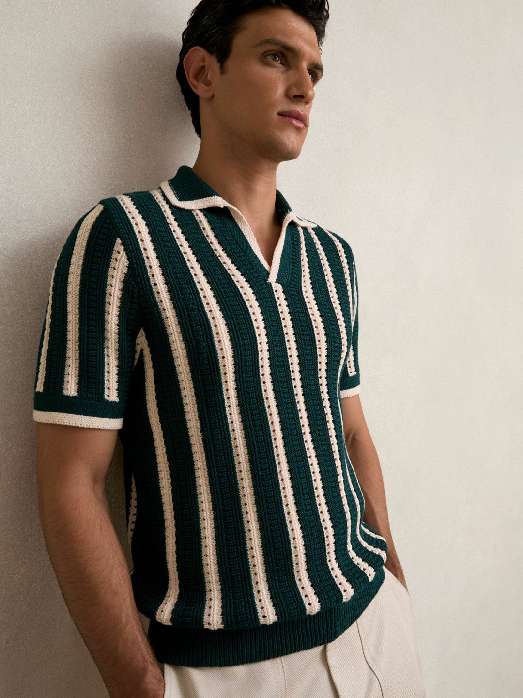 Reiss Cotton Blend Stripe Knit Polo Shirt in Dark Teal Green/Ecru