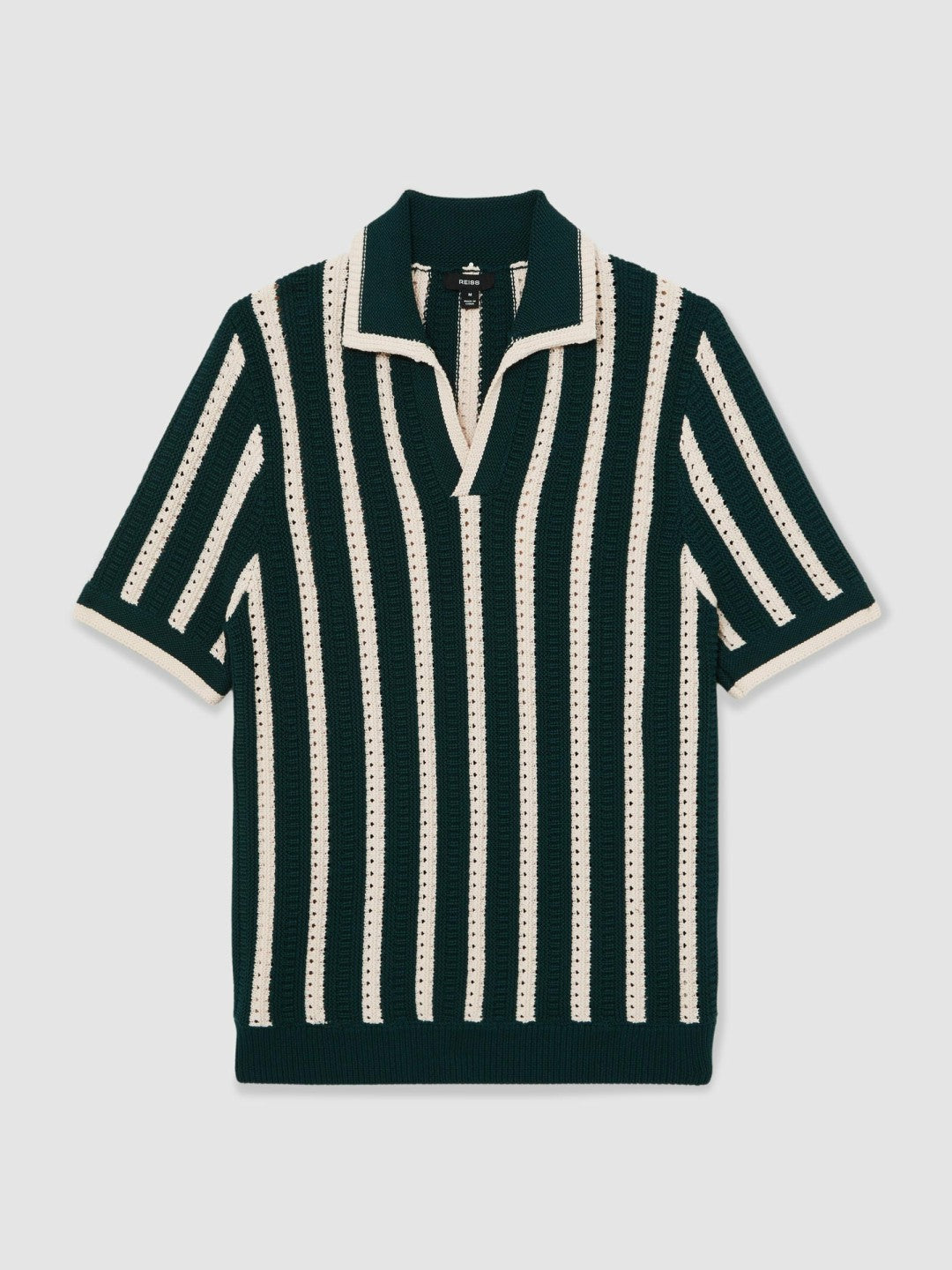 Reiss Cotton Blend Stripe Knit Polo Shirt in Dark Teal Green/Ecru