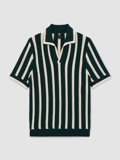 Reiss Cotton Blend Stripe Knit Polo Shirt in Dark Teal Green/Ecru