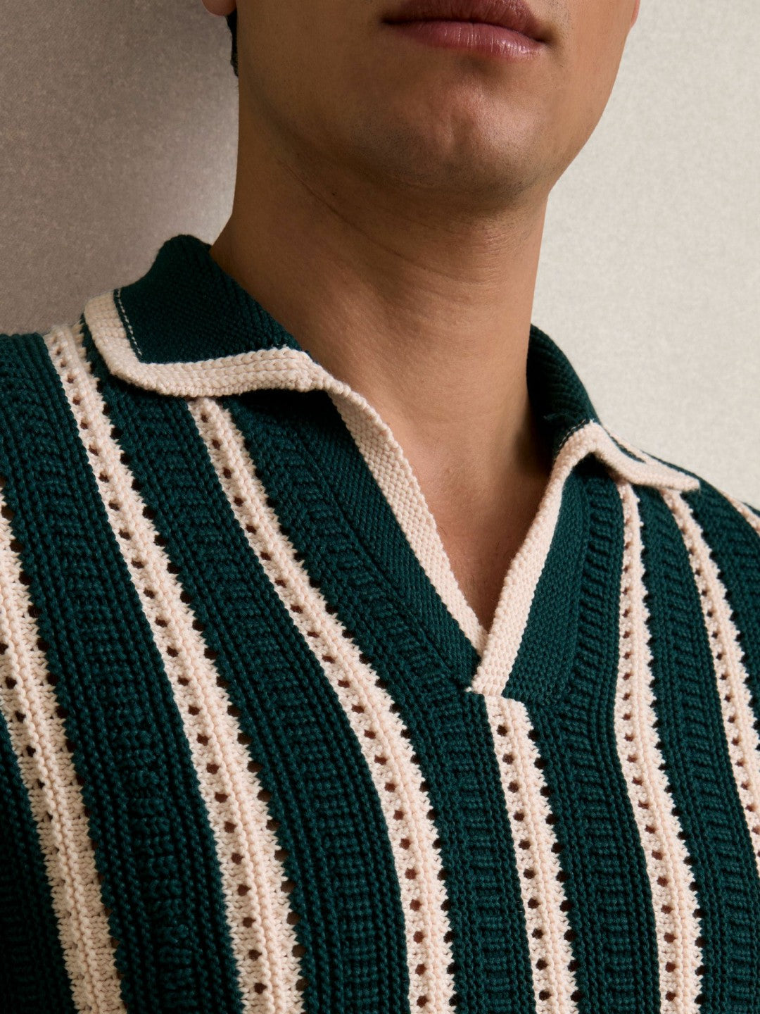 Reiss Cotton Blend Stripe Knit Polo Shirt in Dark Teal Green/Ecru
