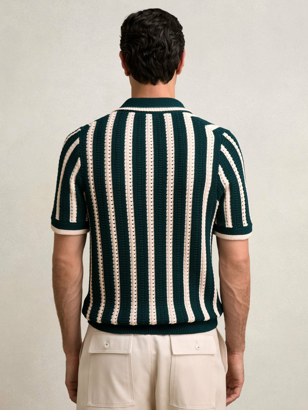 Reiss Cotton Blend Stripe Knit Polo Shirt in Dark Teal Green/Ecru