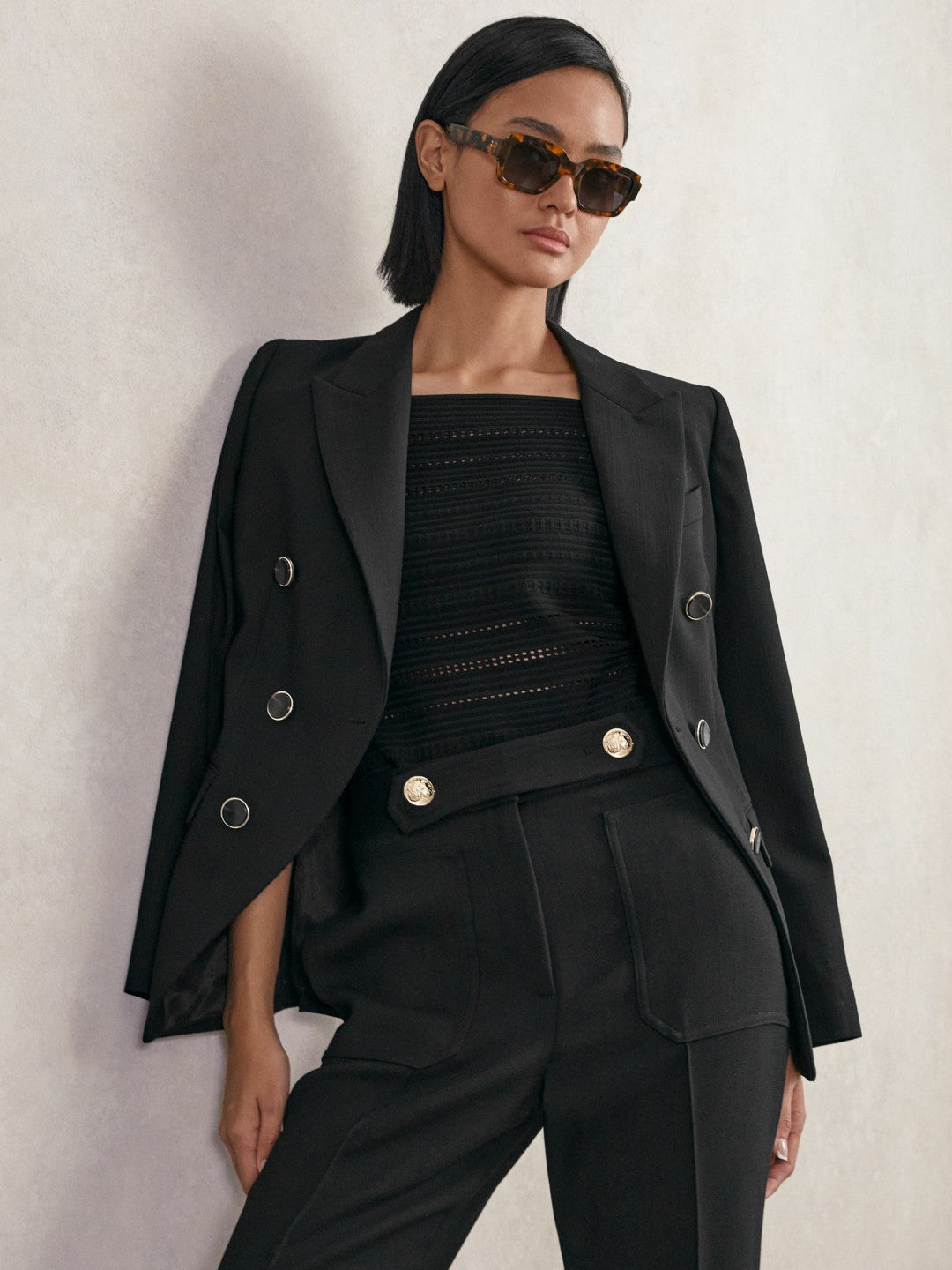 Reiss Petite Wool-Blend Double-Breasted Blazer in Black