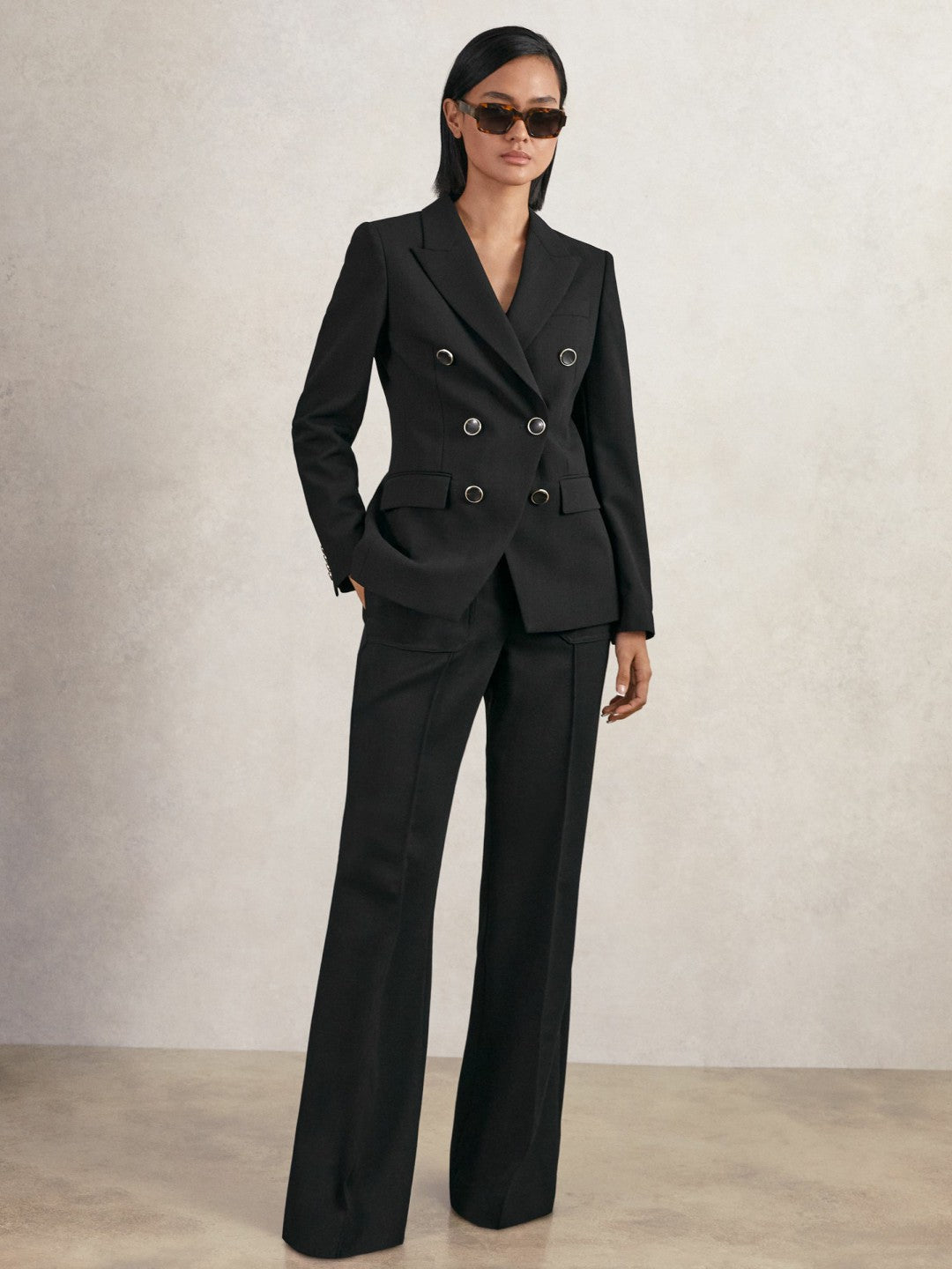 Reiss Petite Wool-Blend Double-Breasted Blazer in Black