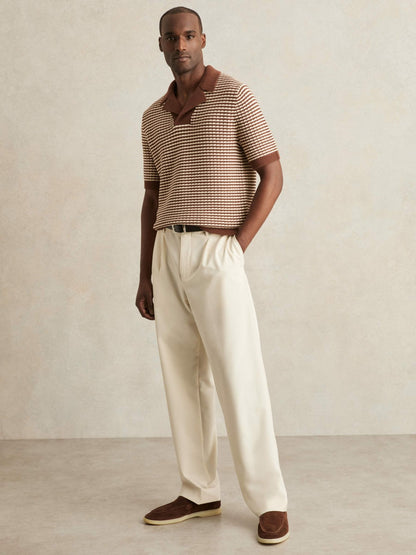 Reiss Cotton Textured Knit Stripe Polo Shirt in Tobacco Brown/ Off White