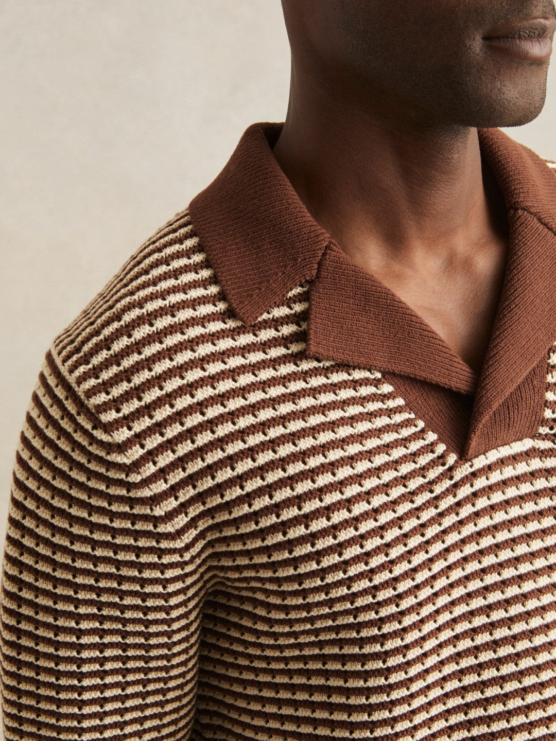 Reiss Cotton Textured Knit Stripe Polo Shirt in Tobacco Brown/ Off White
