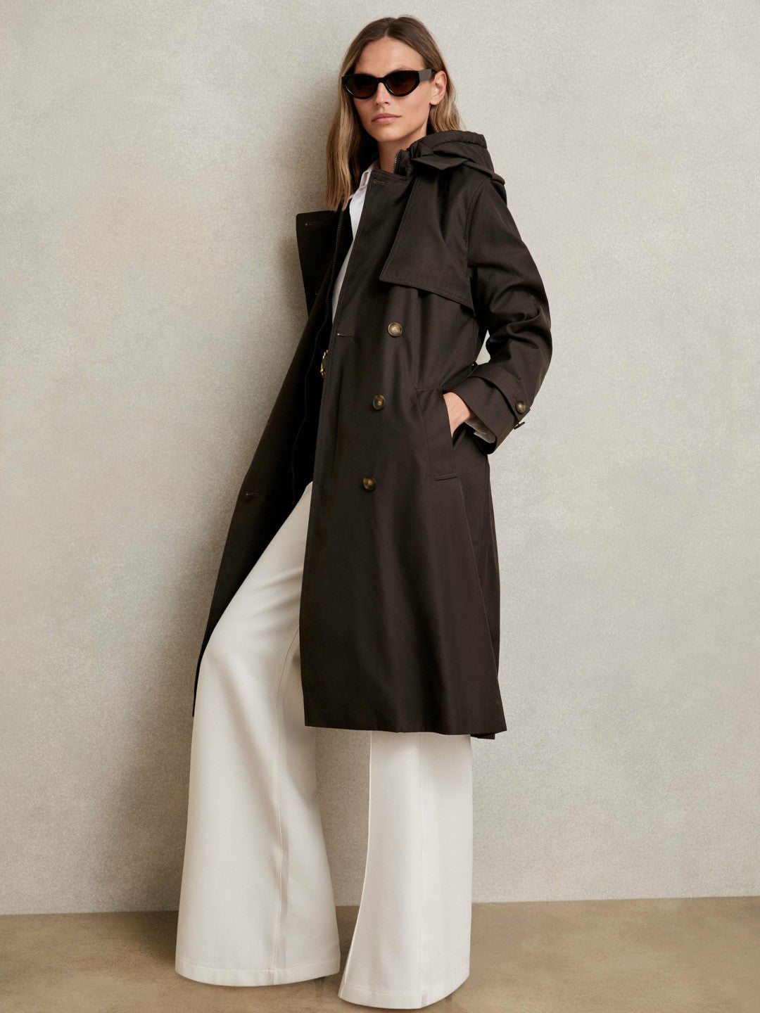 Reiss Hooded Insert Trench Coat in Chocolate Brown