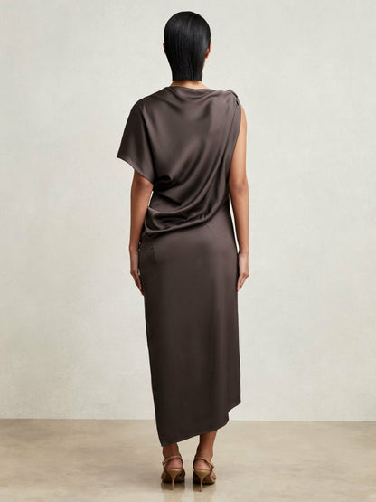Reiss Satin Asymmetric Draped Midi Dress in Mauve