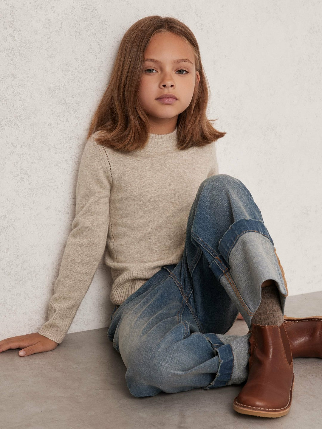 Reiss 13-14 yrs Wool-Blend Open-Stitch Jumper with Cashmere in Oatmeal