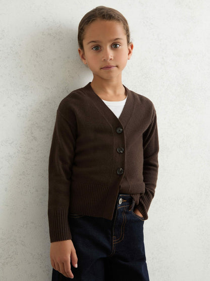Reiss 9-13 yrs Wool-Blend Fitted Cardigan With Cashmere in Brown