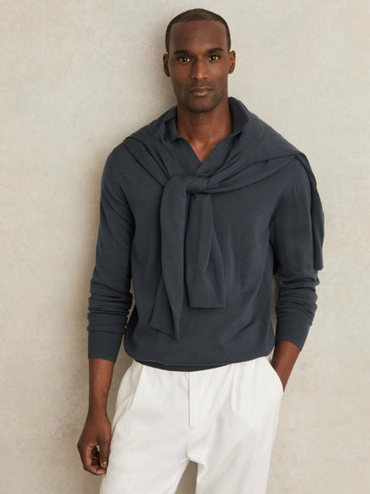 Reiss Merino Wool Open-Collar Polo Shirt in Midnight Navy