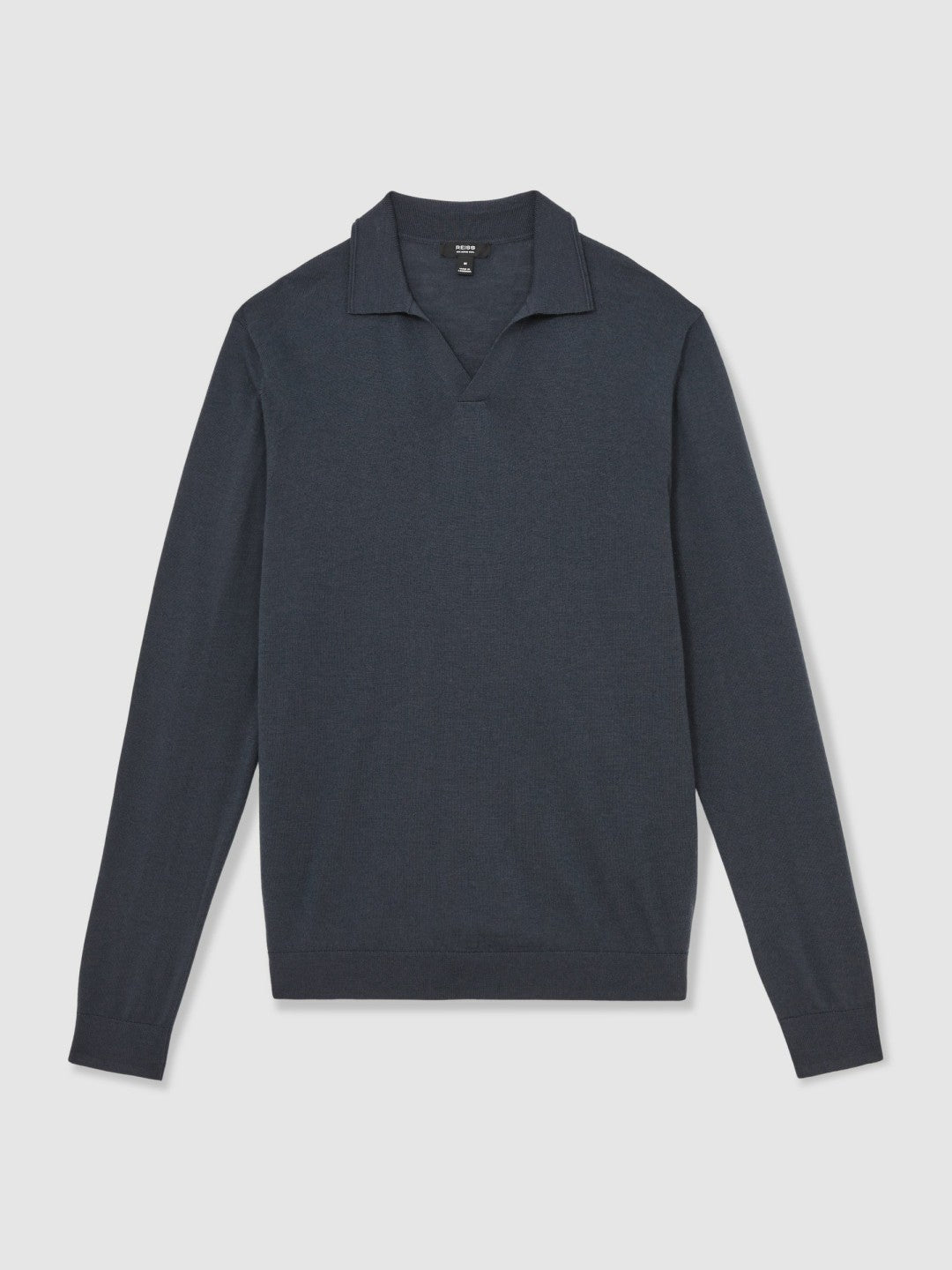Reiss Merino Wool Open-Collar Polo Shirt in Midnight Navy