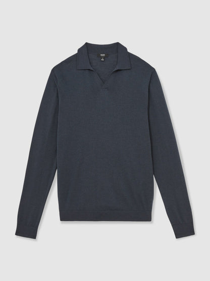 Reiss Merino Wool Open-Collar Polo Shirt in Midnight Navy