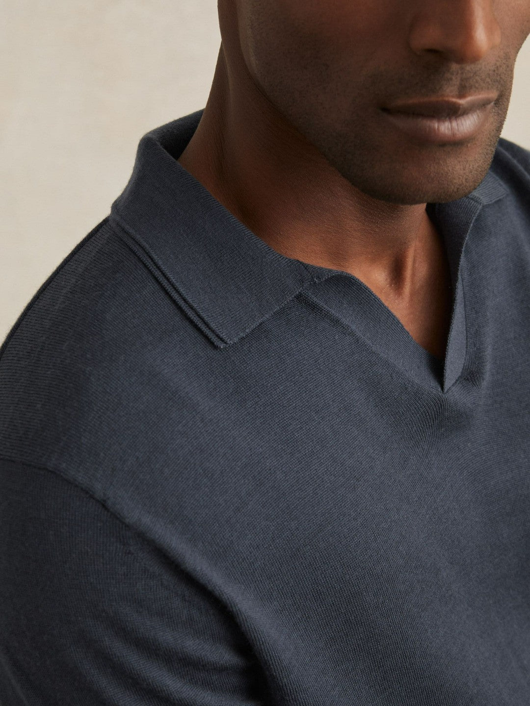 Reiss Merino Wool Open-Collar Polo Shirt in Midnight Navy