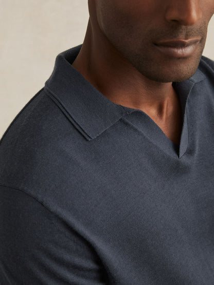 Reiss Merino Wool Open-Collar Polo Shirt in Midnight Navy