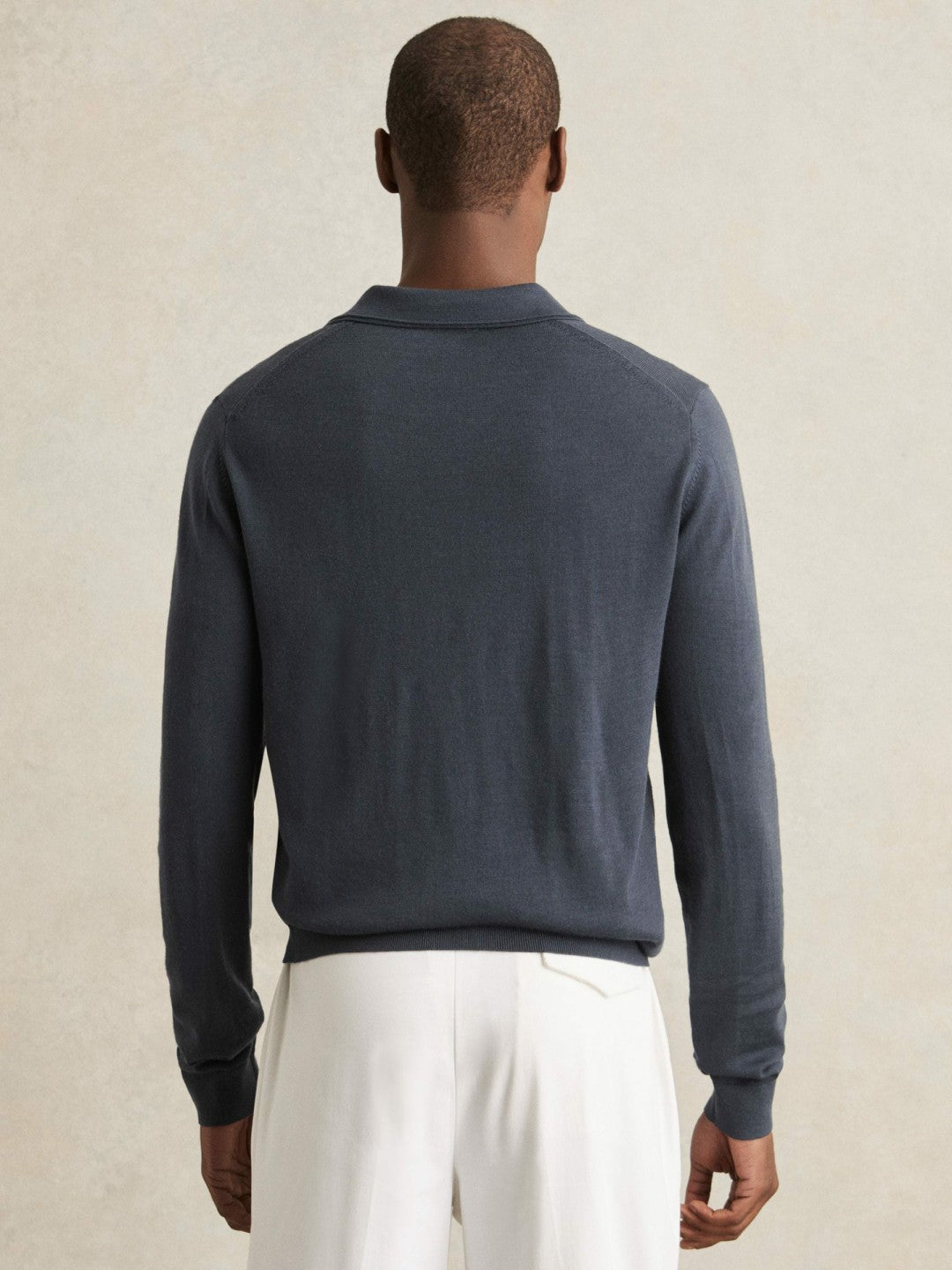 Reiss Merino Wool Open-Collar Polo Shirt in Midnight Navy