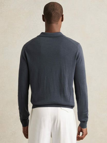 Reiss Merino Wool Open-Collar Polo Shirt in Midnight Navy