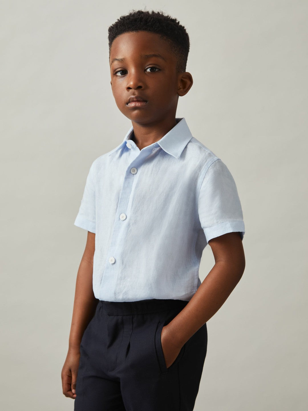 Reiss 3-9 yrs Short Sleeve Linen Shirt in Pale Blue