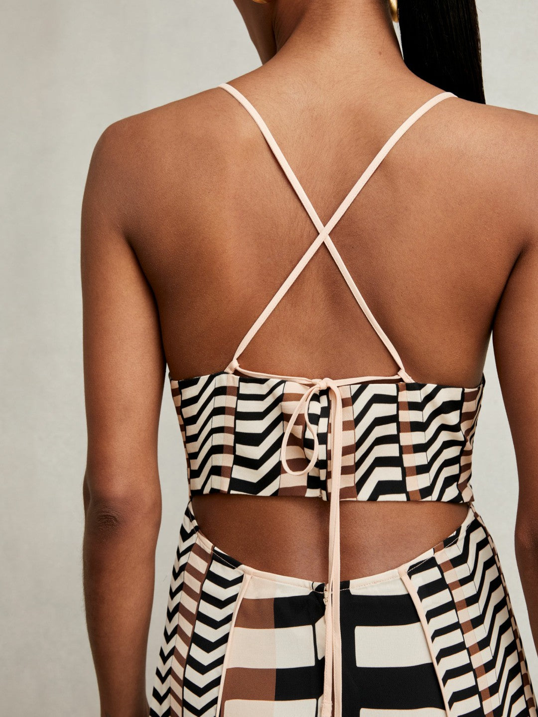 Reiss Chevron-Stripe Ruched Midi Dress in Black/Brown