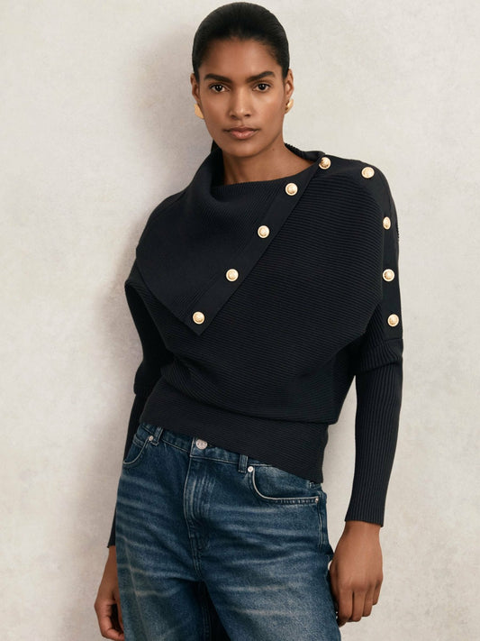 Reiss Rib-Knit Button Shawl Jumper in Navy