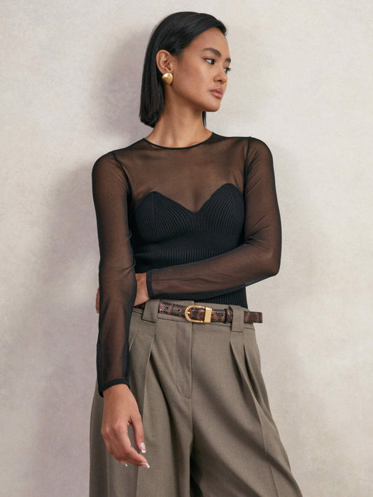 Reiss Mesh Knit Sweetheart Long-Sleeve Top in Black