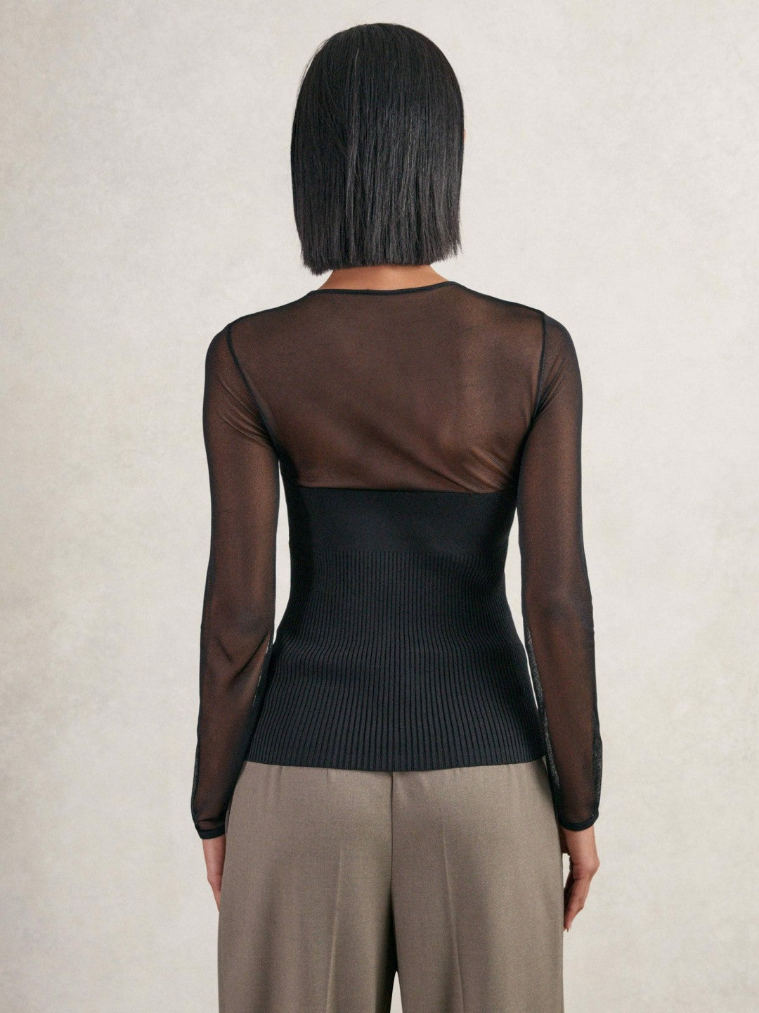 Reiss Mesh Knit Sweetheart Long-Sleeve Top in Black