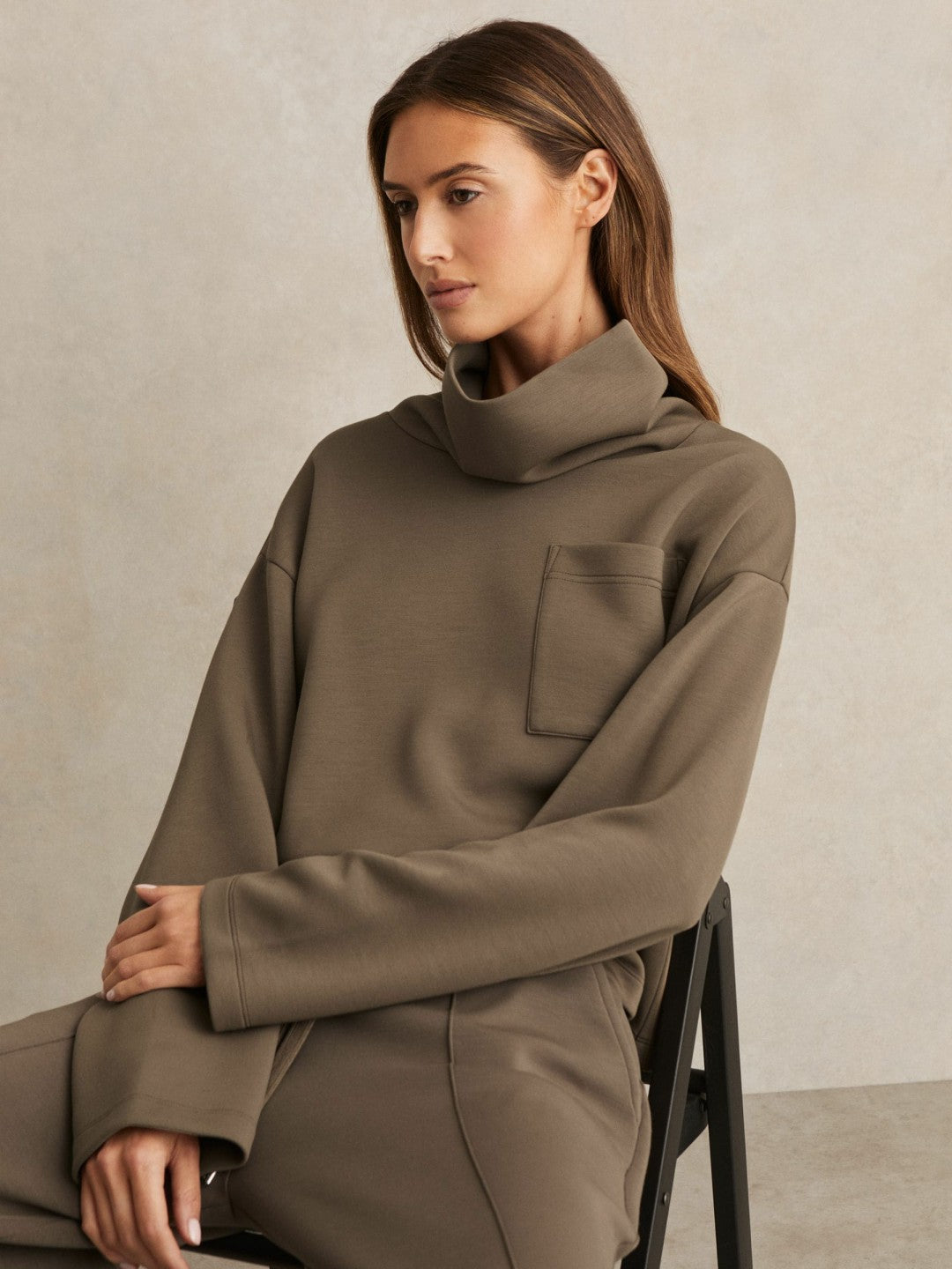 Reiss Interlock Jersey Funnel Neck Sweatshirt in Khaki Green