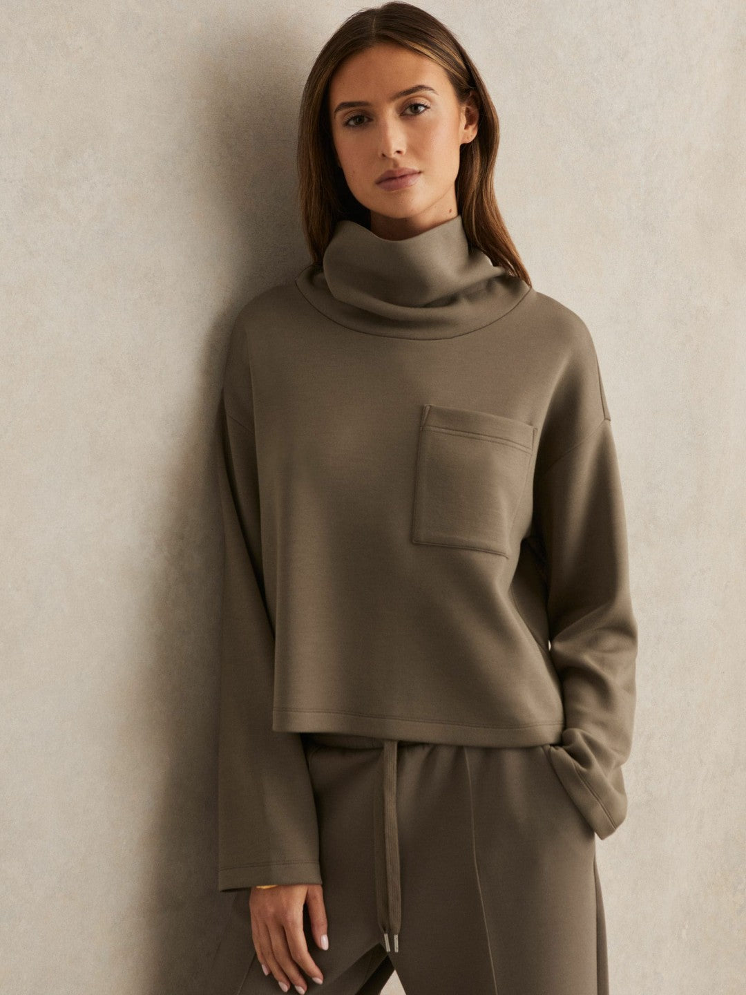 Reiss Interlock Jersey Funnel Neck Sweatshirt in Khaki Green