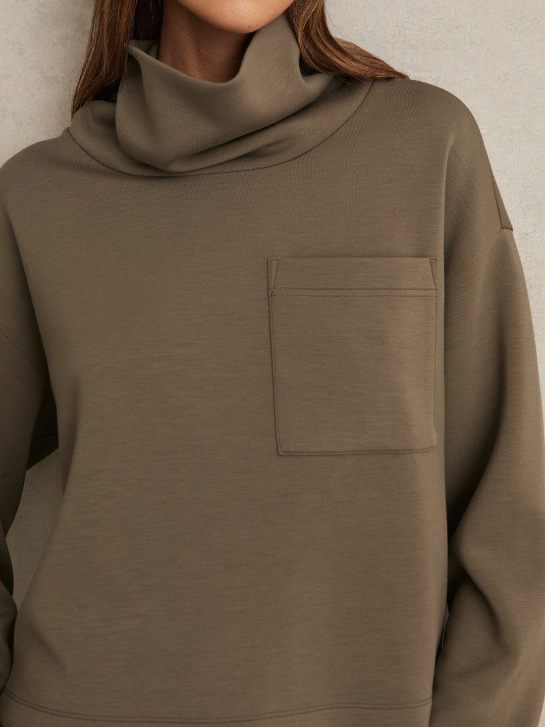 Reiss Interlock Jersey Funnel Neck Sweatshirt in Khaki Green