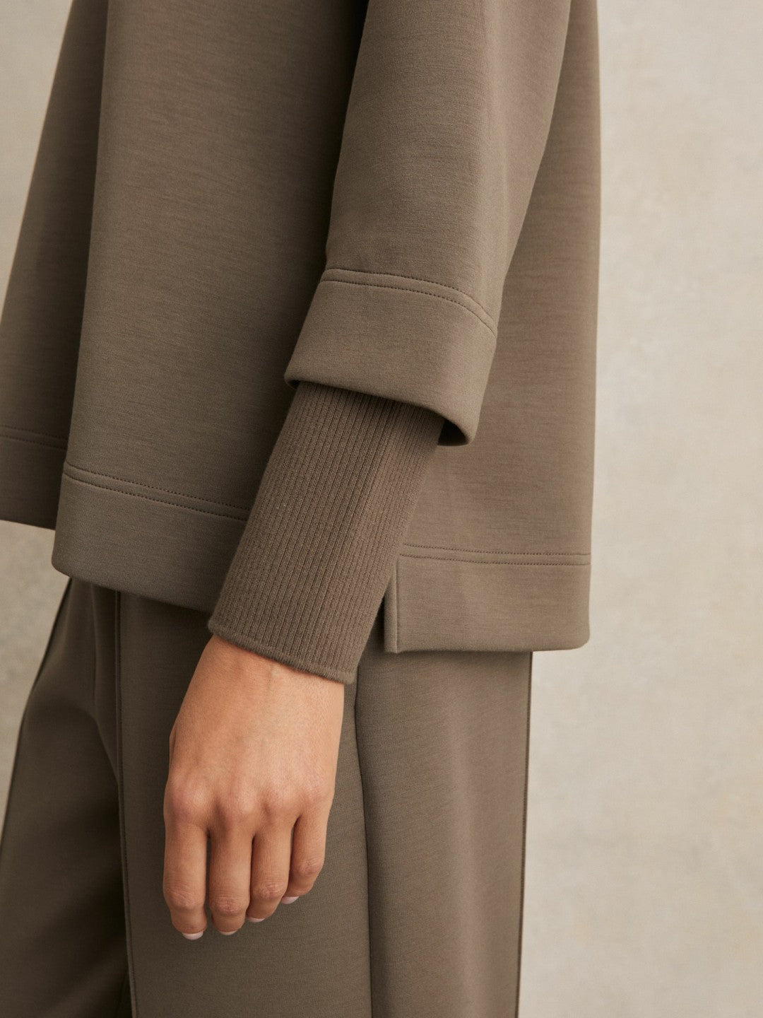 Reiss Interlock Open-Collar Sweatshirt in Khaki Green