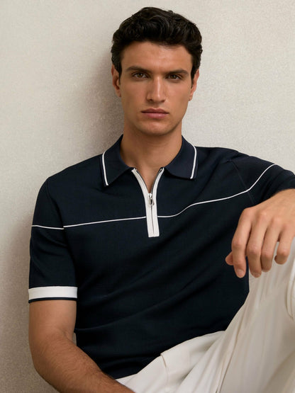 Reiss Half Zip Tipped Polo Shirt in Navy/White