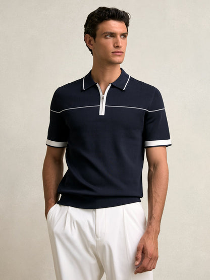 Reiss Half Zip Tipped Polo Shirt in Navy/White