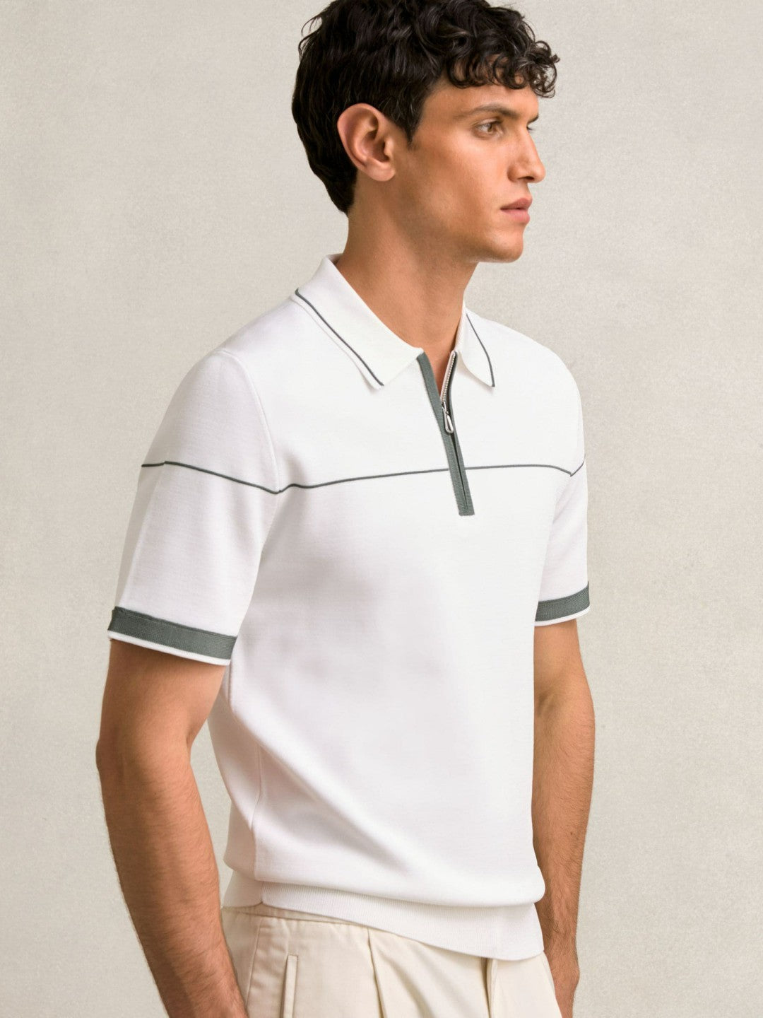 Reiss Half Zip Tipped Polo Shirt in White/Green