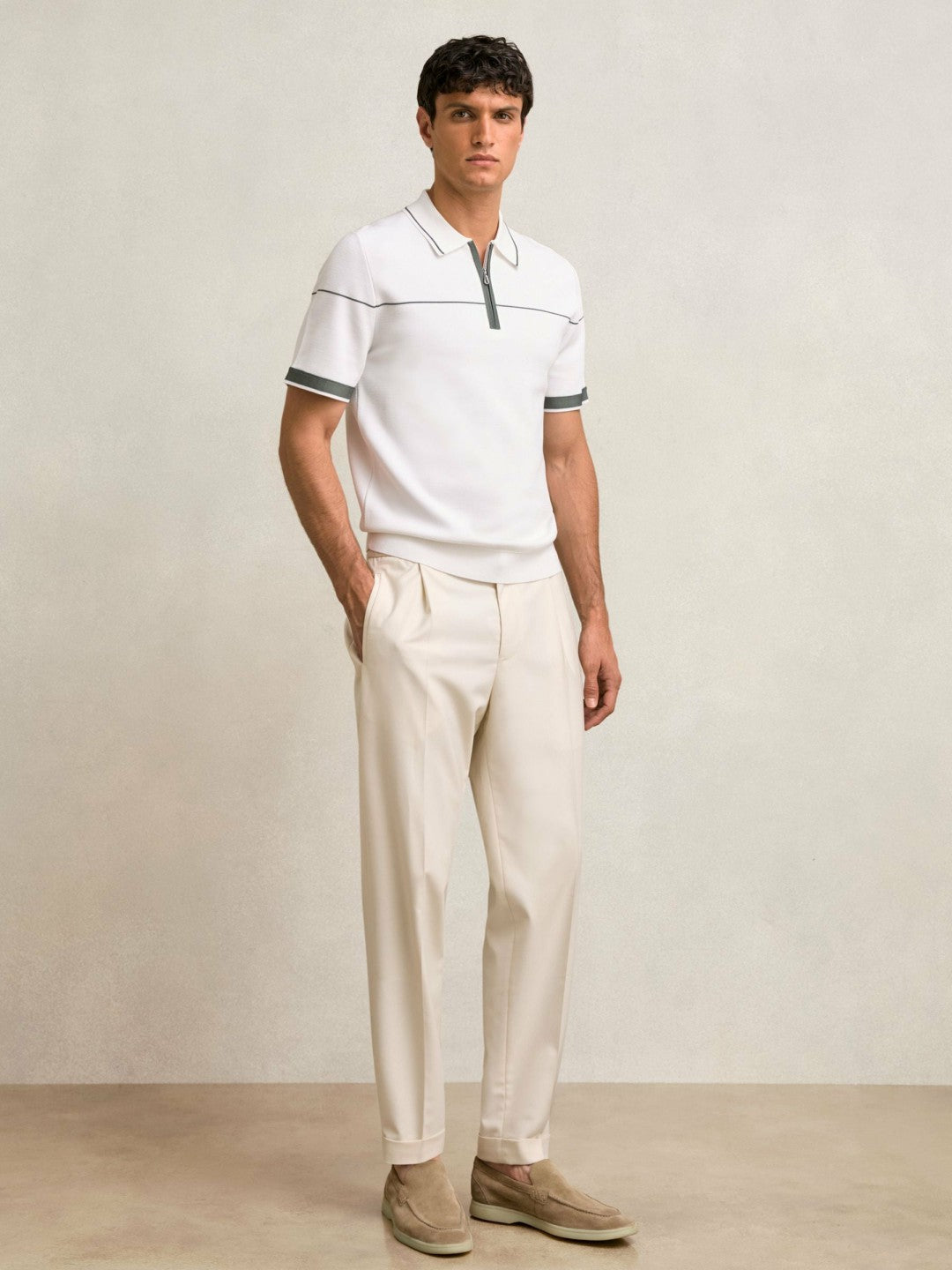 Reiss Half Zip Tipped Polo Shirt in White/Green