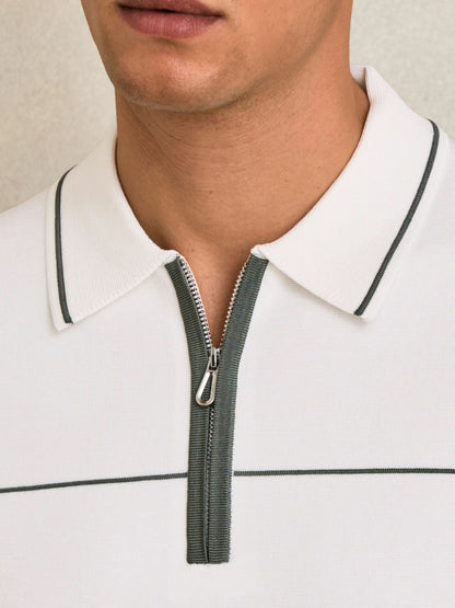 Reiss Half Zip Tipped Polo Shirt in White/Green