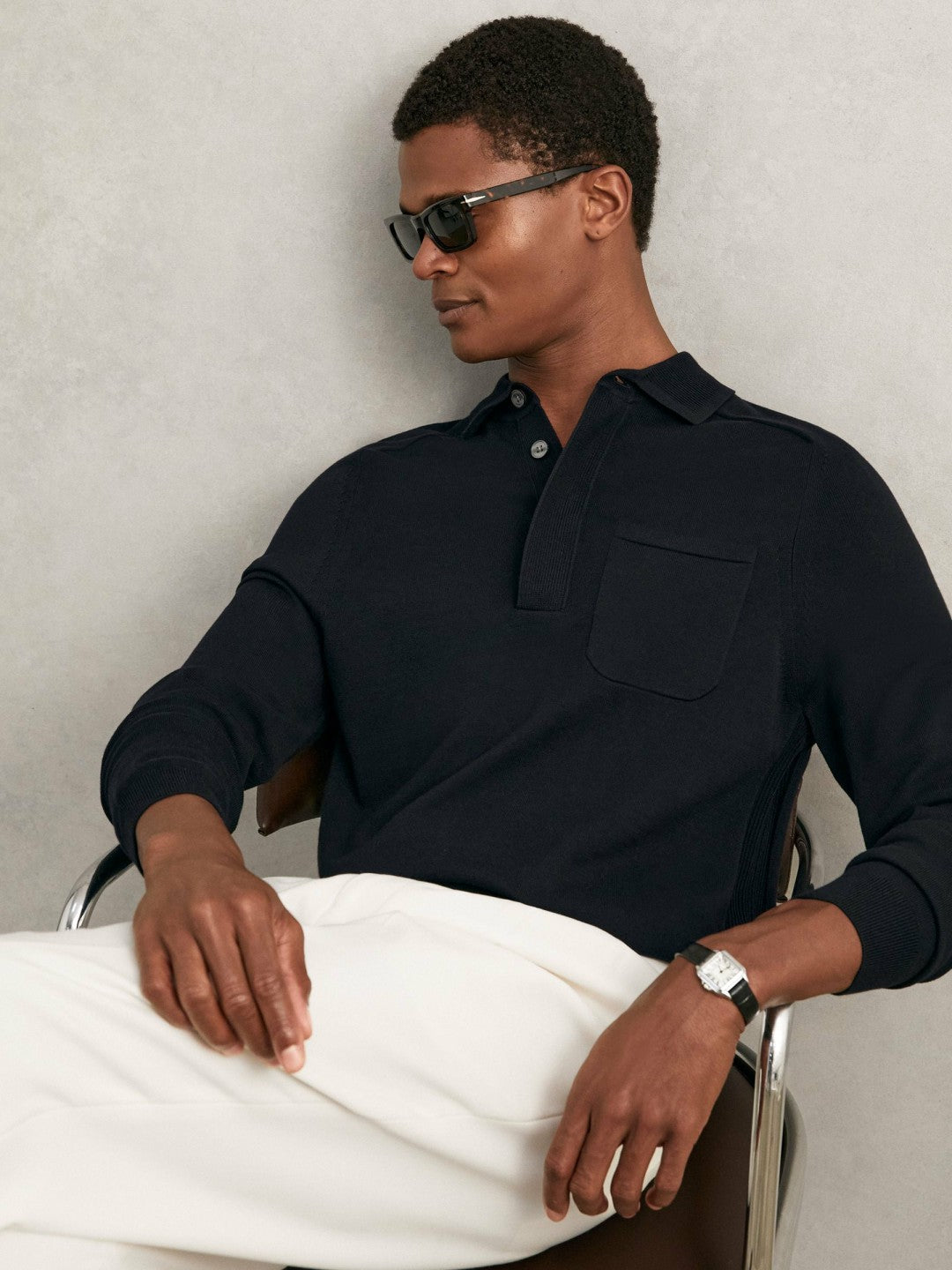Reiss Cotton Concealed Placket Polo Shirt in Navy