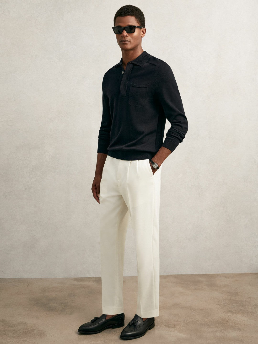 Reiss Cotton Concealed Placket Polo Shirt in Navy