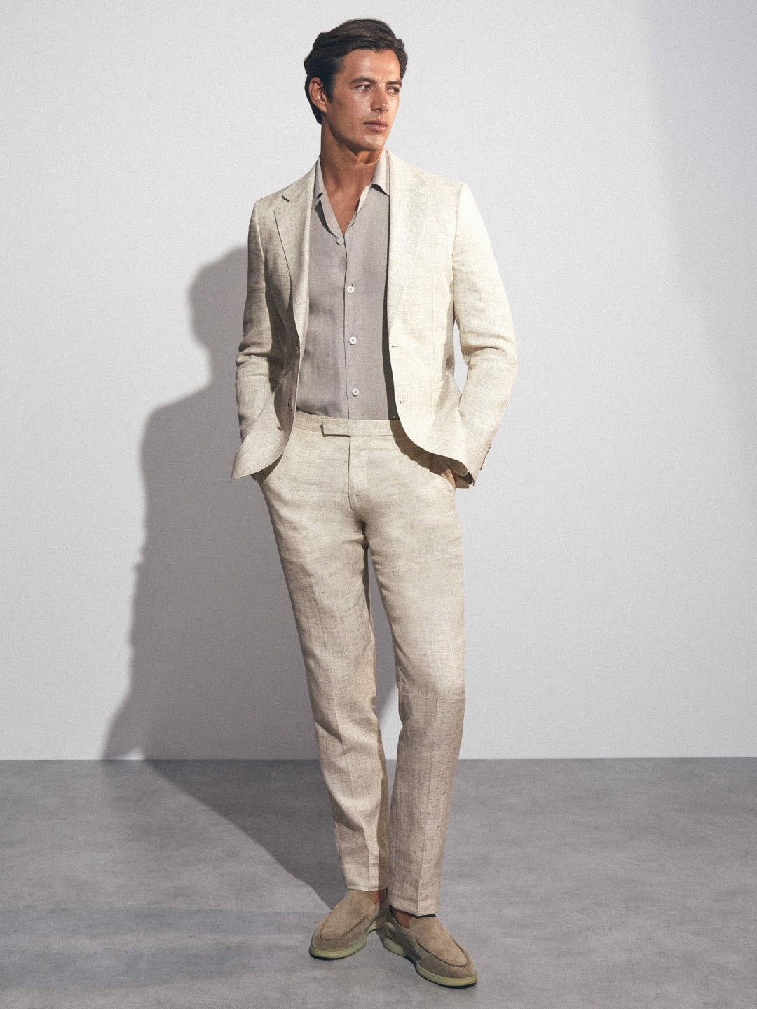 Reiss Linen-Cotton Slim-Fit Suit Trousers in Stone