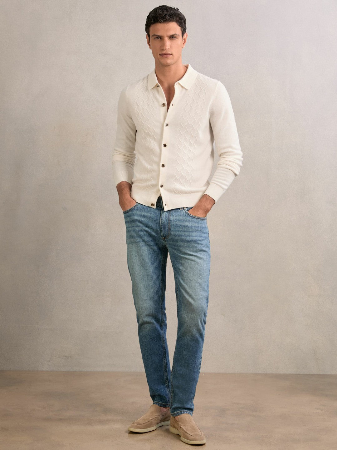 Reiss Wool V-Stitch Button-Through Cardigan in Off White